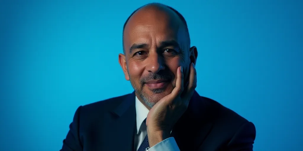 a man in a suit is posing for a picture with his chin resting on his hand, with a blue background, A