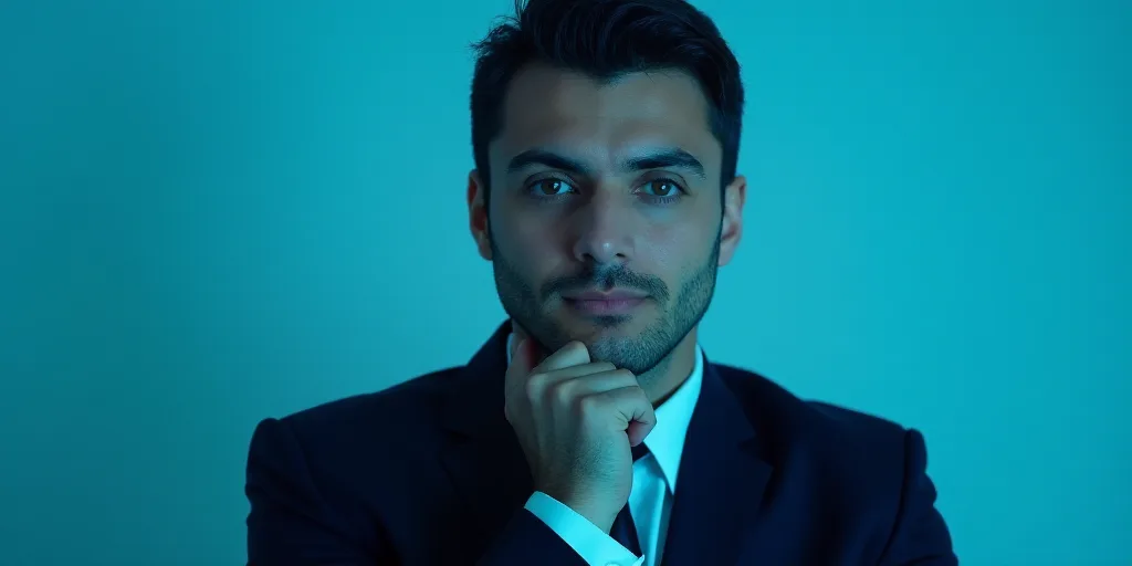 a man in a suit is posing for a picture with his chin resting on his hand, with a blue background, A