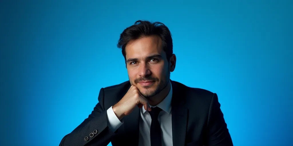 a man in a suit is posing for a picture with his chin resting on his hand, with a blue background, A
