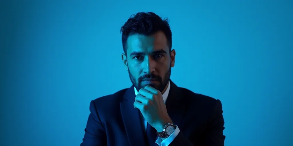 a man in a suit is posing for a picture with his chin resting on his hand, with a blue background, A