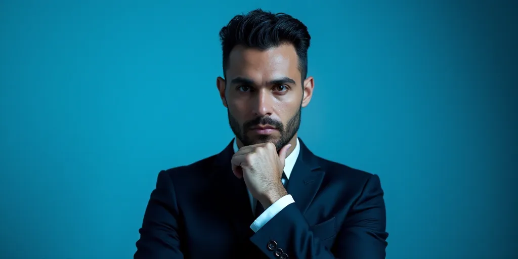 a man in a suit is posing for a picture with his chin resting on his hand, with a blue background, A
