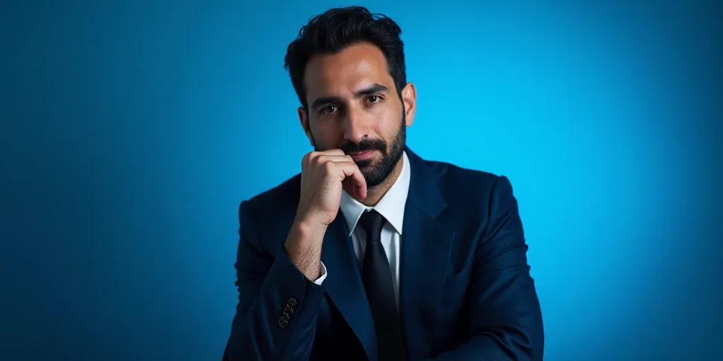 a man in a suit is posing for a picture with his chin resting on his hand, with a blue background, A