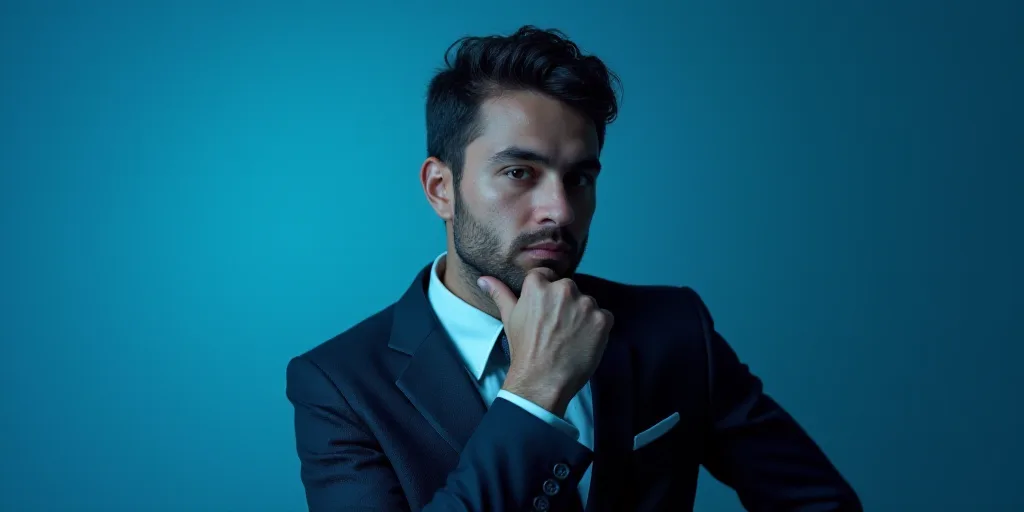 a man in a suit is posing for a picture with his chin resting on his hand, with a blue background, A