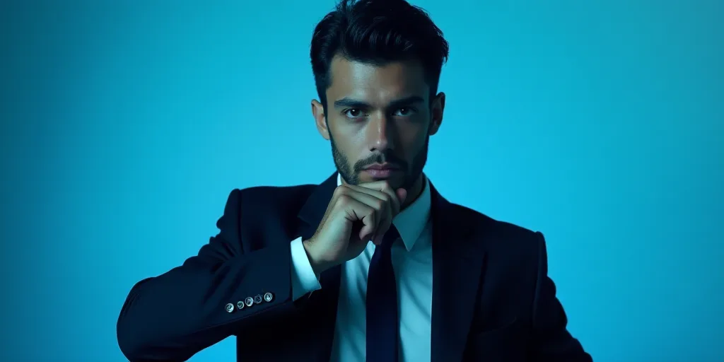 a man in a suit is posing for a picture with his chin resting on his hand, with a blue background, A