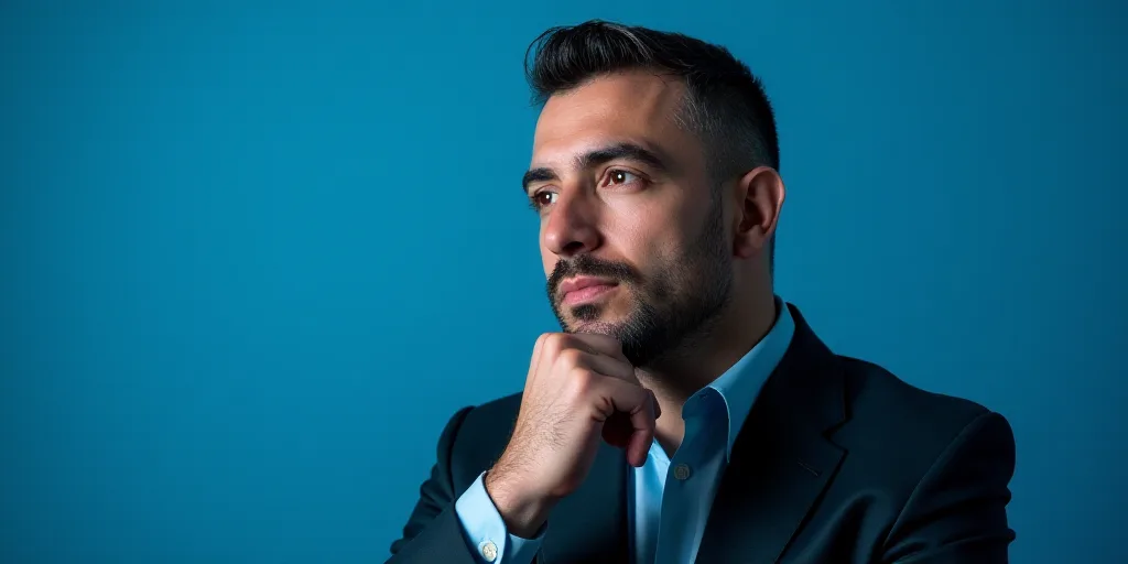 a man in a suit is posing for a picture with his chin resting on his hand, with a blue background, A