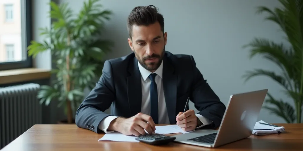 a man in a suit is sitting at a desk with a calculator and a laptop computer on it, Anthony Devas, s