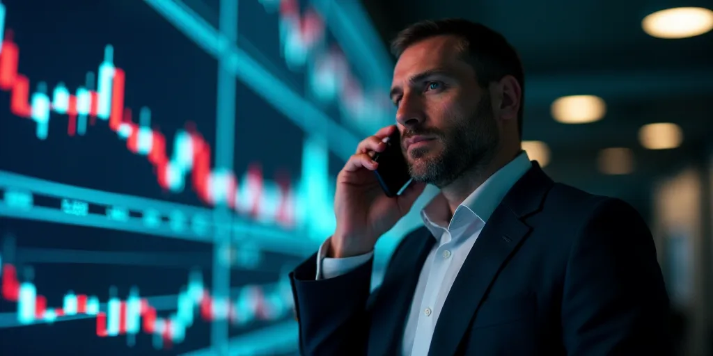 a man in a suit is talking on a cell phone in front of a computer screen with multiple graphs, Andri