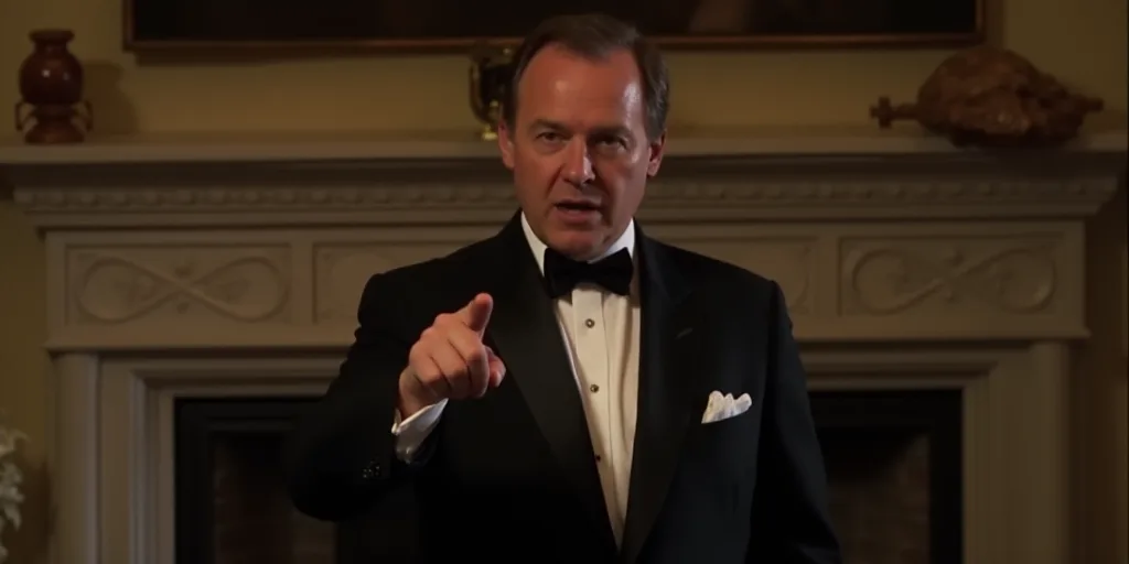 a man in a suit pointing at something with his finger in the air and a fireplace in the background,