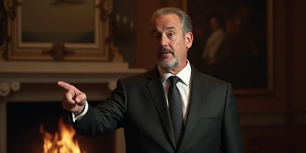 a man in a suit pointing at something with his finger in the air and a fireplace in the background,