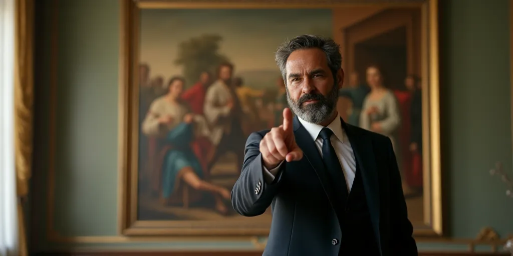 a man in a suit pointing at the camera with a finger up in a room with a large painting on the wall,