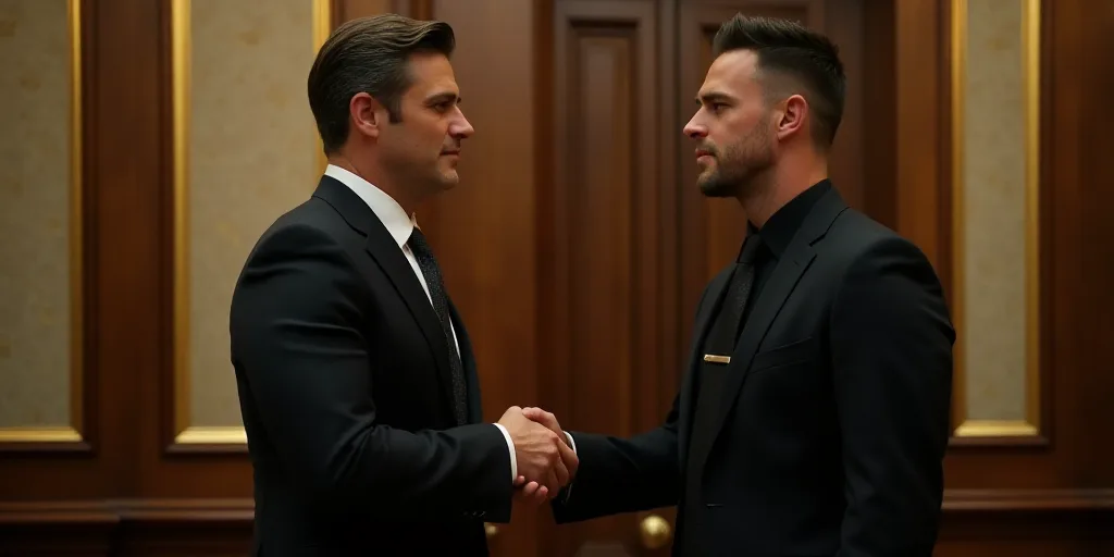 a man in a suit shaking hands with another man in a black shirt and tie in a room with gold trim, Fe