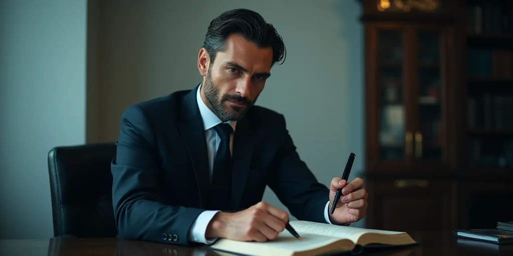 a man in a suit sitting at a table with a book in his hand and a pen in his other hand, Andrei Kolko