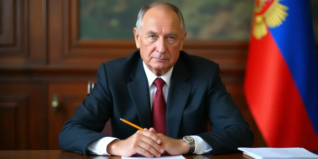 a man in a suit sitting at a table with a pen in his hand and a russian flag behind him, Boris Vladi