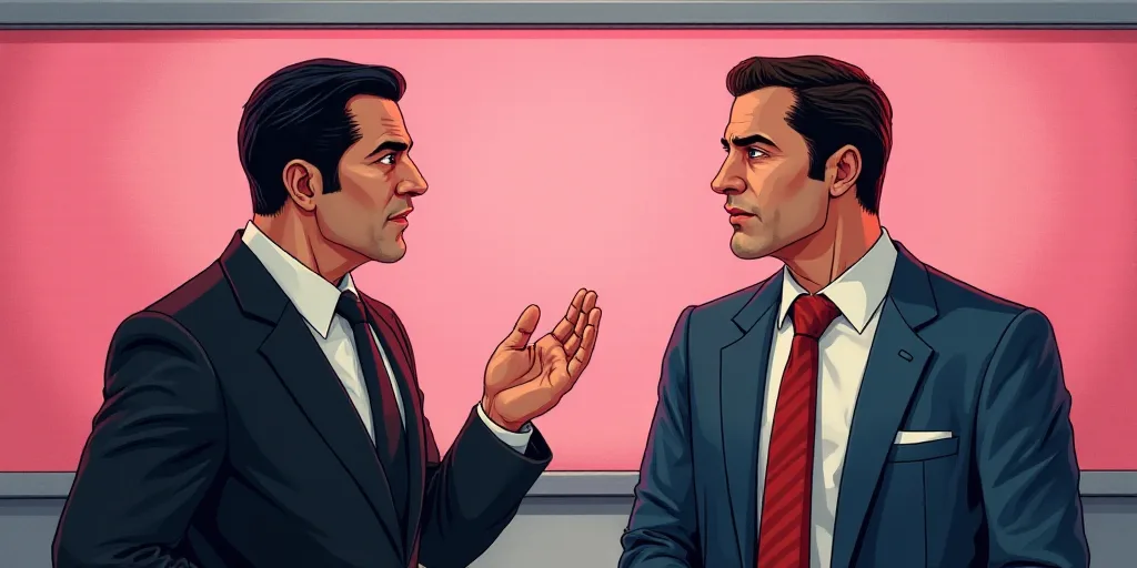 a man in a suit talking to another man in a suit at a convention with a pink sign behind him, Carlos