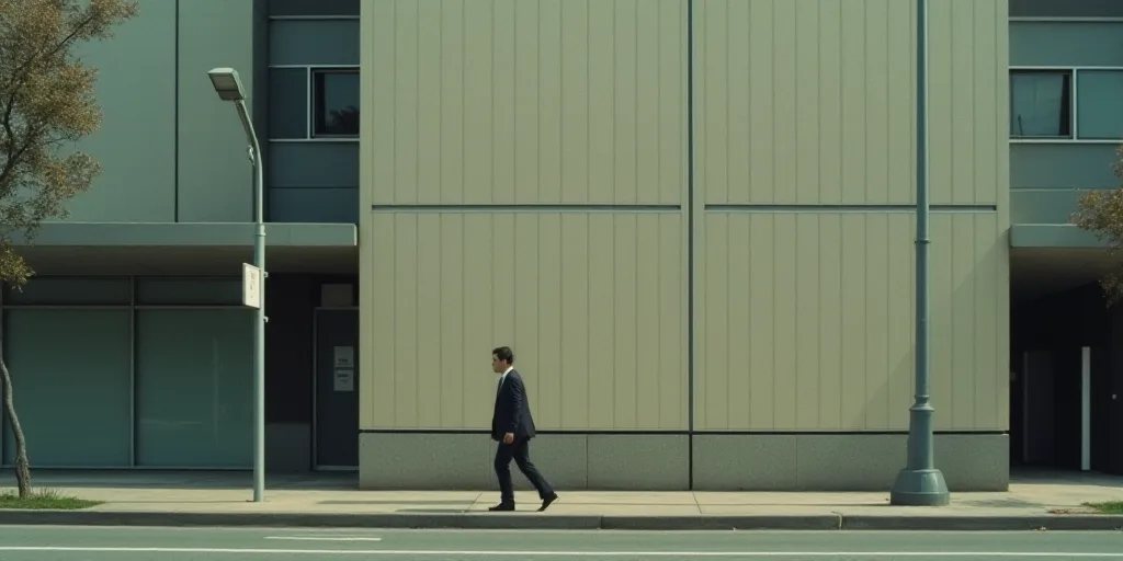 a man in a suit walking down a street past a tall building with a street light on it's side, Chizuko