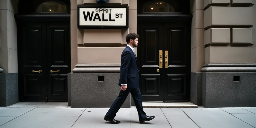 a man in a suit walks past a wall street sign on a building in new york city, ny, Andries Stock, mit