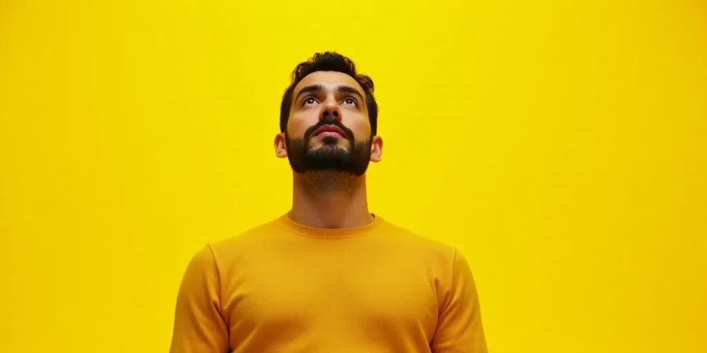 a man in a sweater is looking up at the camera with a yellow background and a yellow background with