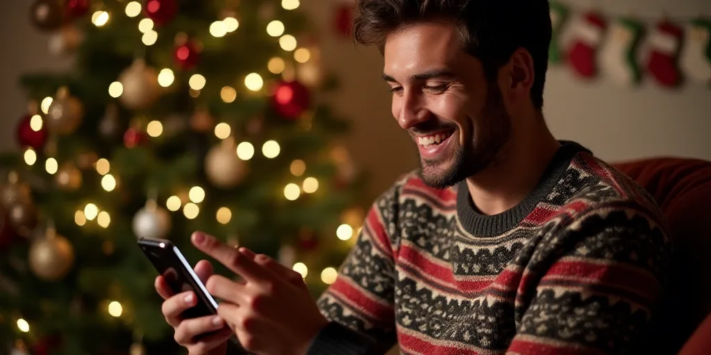 a man in a sweater is looking at his cell phone and smiling at the camera while sitting in front of