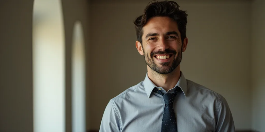 a man in a tie is smiling for the camera with a caption in spanish above him that reads, enrique cam