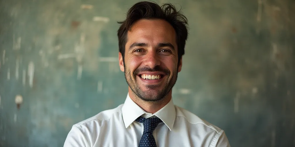 a man in a tie is smiling for the camera with a caption in spanish above him that reads, enrique cam