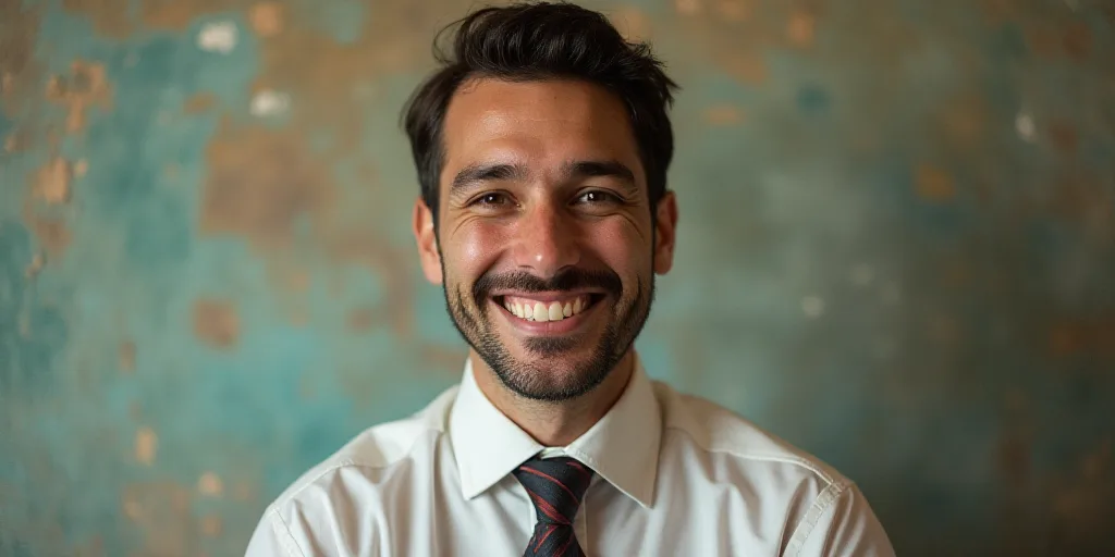 a man in a tie is smiling for the camera with a caption in spanish above him that reads, enrique cam