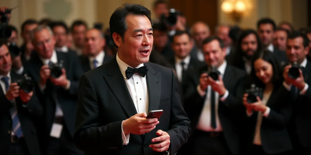 a man in a tuxedo speaking to a crowd of people with cameras around him and a cell phone, Andrew Law