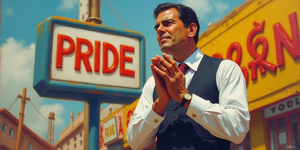 a man in a vest and tie clapping while standing in front of a sign that says pride on it, Estuardo M