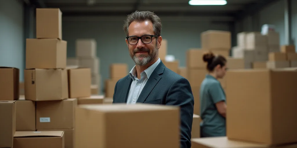 a man in a warehouse with boxes stacked on top of each other and a woman in the background working b