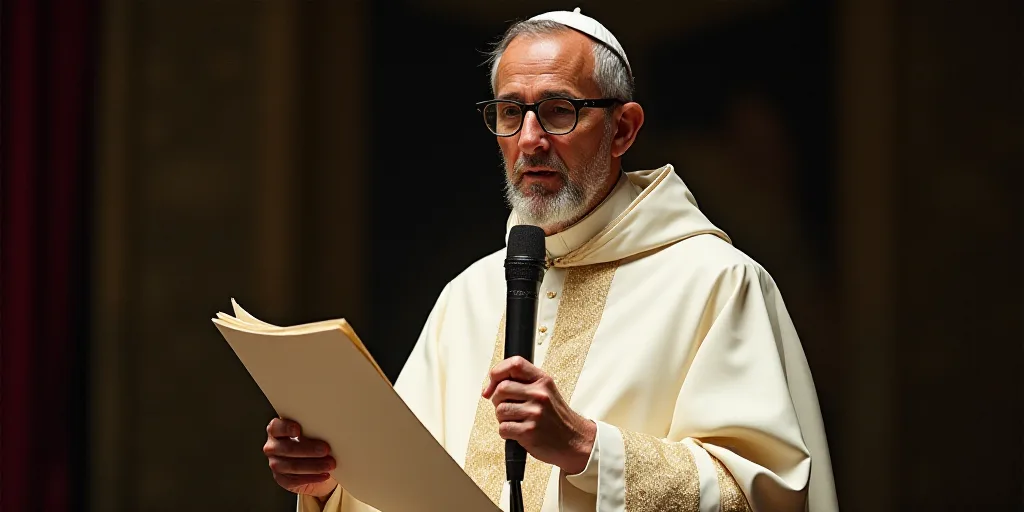 a man in a white robe and glasses holding a paper and a microphone in front of him with a microphone