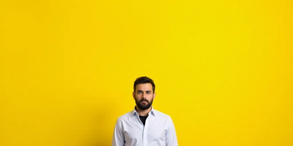 a man in a white shirt and black shirt standing in front of a yellow background with a yellow backgr