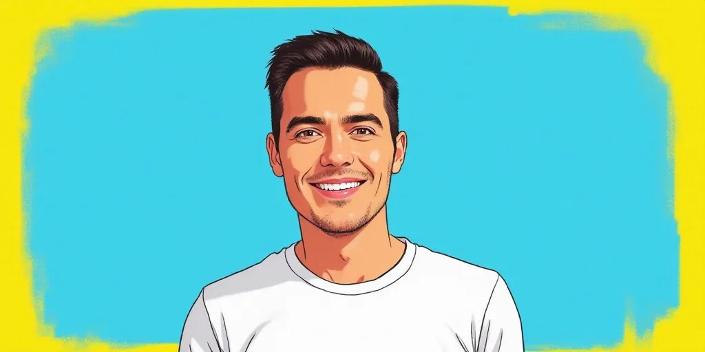a man in a white shirt is smiling for a picture with a blue background and a yellow border around hi