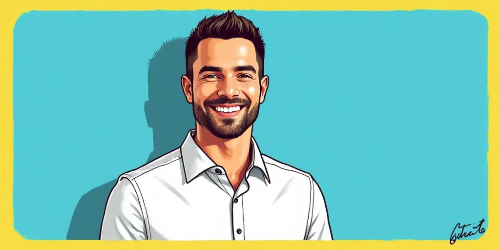 a man in a white shirt is smiling for a picture with a blue background and a yellow border around hi