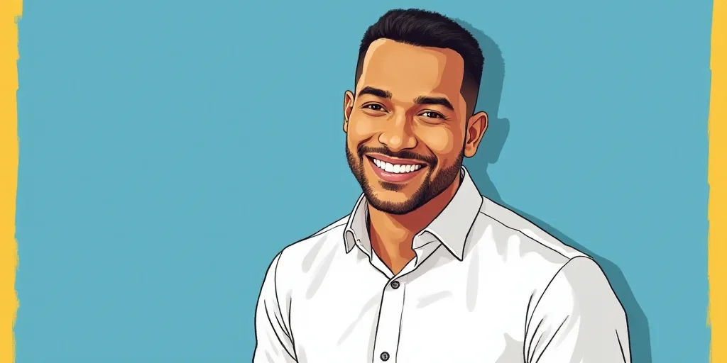 a man in a white shirt is smiling for a picture with a blue background and a yellow border around hi