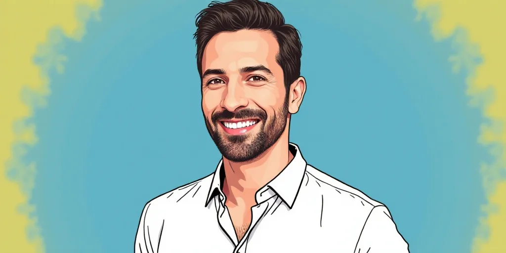 a man in a white shirt is smiling for a picture with a blue background and a yellow border around hi