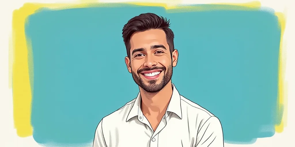 a man in a white shirt is smiling for a picture with a blue background and a yellow border around hi