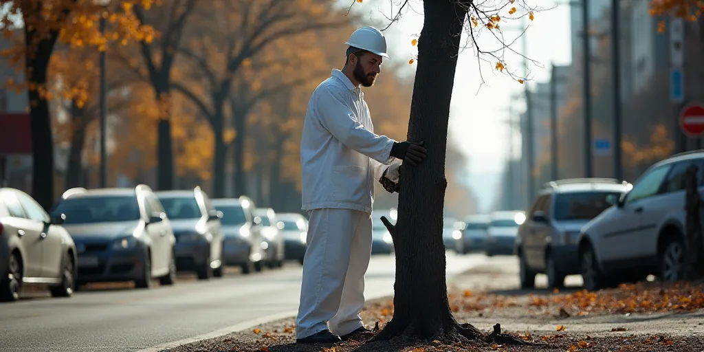 a man in a white suit and white coveralls is inspecting a burned tree in a street with cars and buil