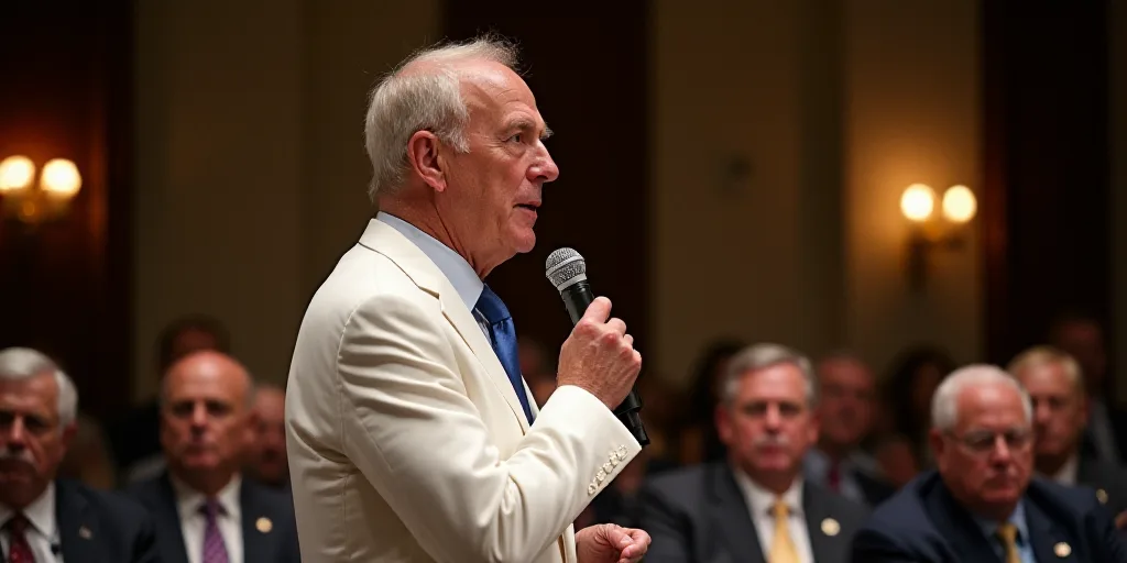 a man in a white suit holding a microphone and giving a speech to a group of people in a room, Berni
