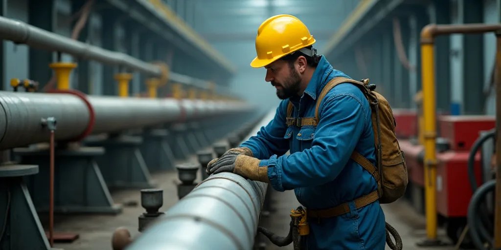 a man in a yellow helmet and protective gear working on a pipe in a factory area with other equipmen