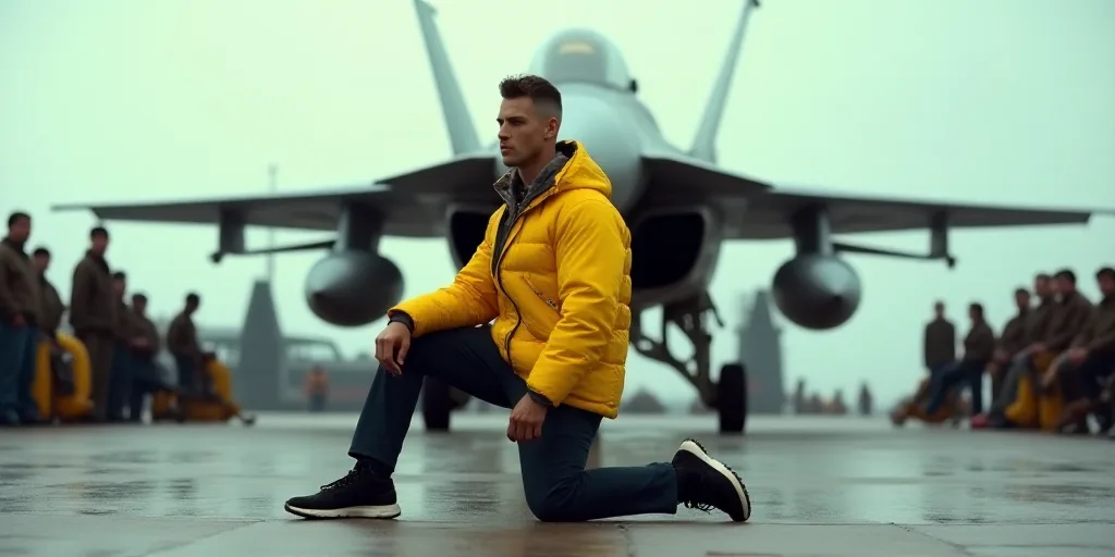 a man in a yellow jacket is kneeling on a ship deck with a fighter jet in the background and a group