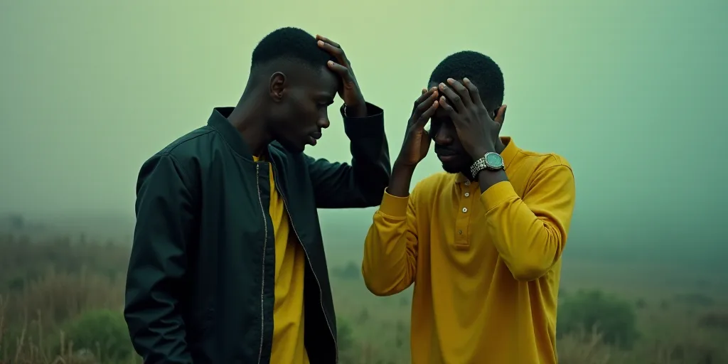 a man in a yellow shirt holds his head in his hands as he stands next to another man in a black jack