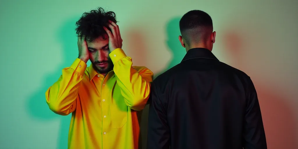 a man in a yellow shirt holds his head in his hands as he stands next to another man in a black jack
