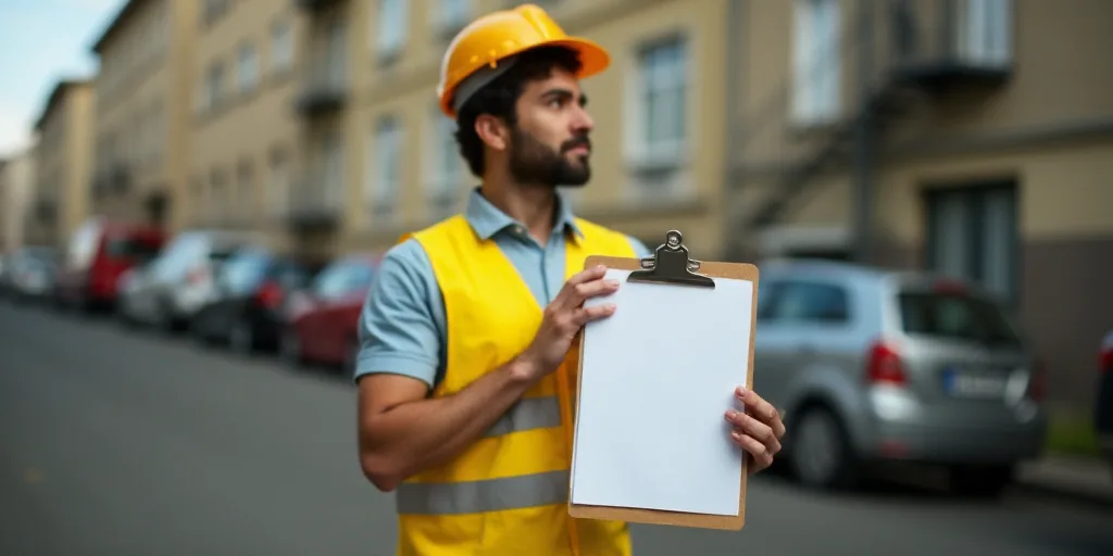 a man in a yellow vest holding a clipboard and a clipboard with a piece of paper in it, Andries Stoc