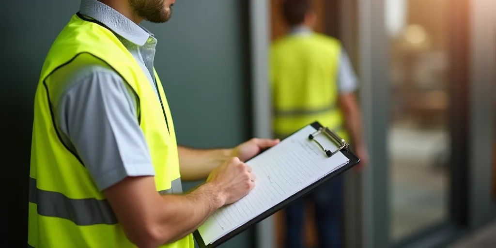 a man in a yellow vest holding a clipboard and a clipboard with a piece of paper in it, Andries Stoc