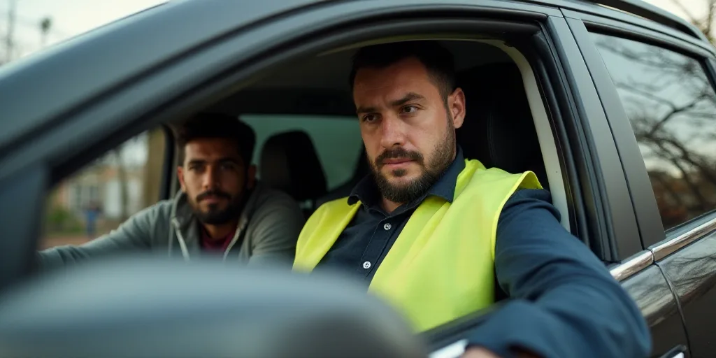 a man in a yellow vest is looking at a cell phone in a car window while another man is standing next