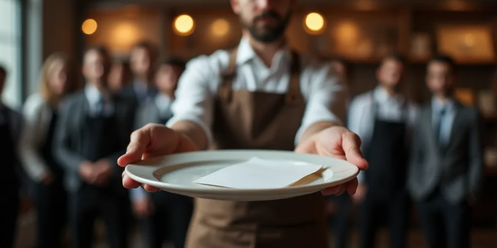 a man in an apron holding a plate with a piece of paper on it in front of a group of people, Bourgeo