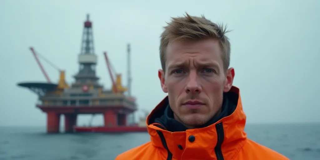 a man in an orange jacket standing in front of an oil rig and a large ship in the background