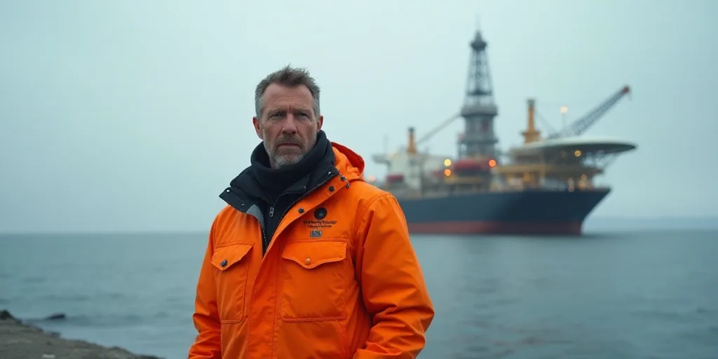 a man in an orange jacket standing in front of an oil rig and a large ship in the background, Consta
