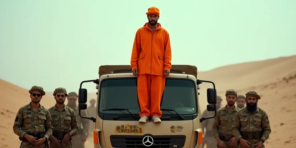 a man in an orange outfit standing on the back of a truck with other men in camouflage standing arou