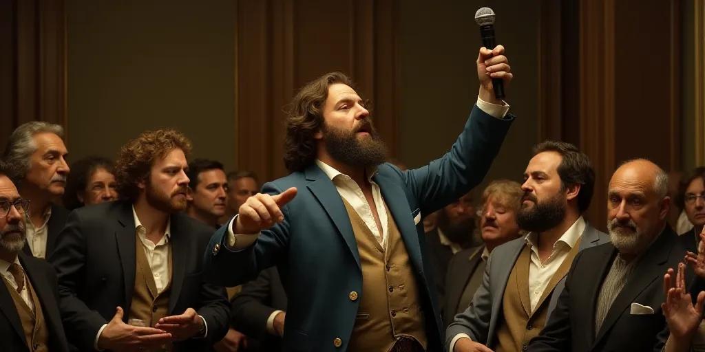 a man is being held up by a crowd of people in a courtroom with a microphone in his hand, Ada Gladys