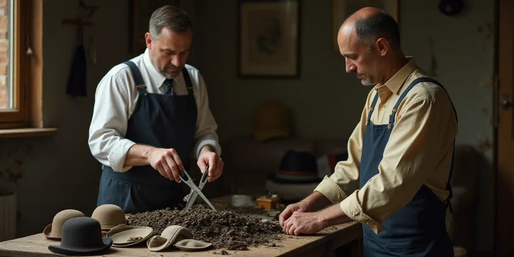 a man is cutting a pile of hats on a table with a pair of scissors in his hand and another man is lo